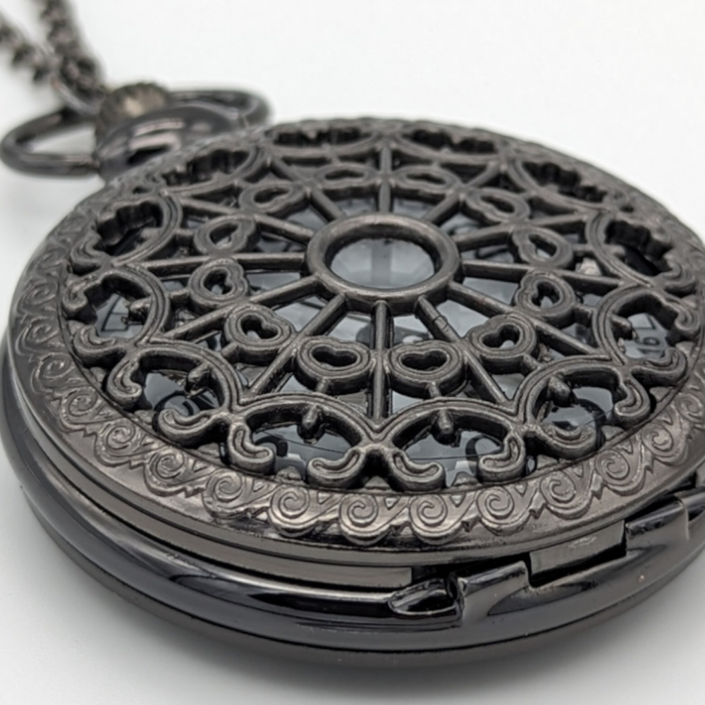 Pocket Watch NEW Black Cutout Spiderweb Gift Vintage Look - Picture 5 of 6